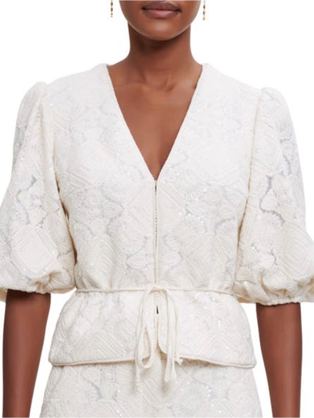 Maje Ivory Sequin-Textured Puff Sleeve Top
